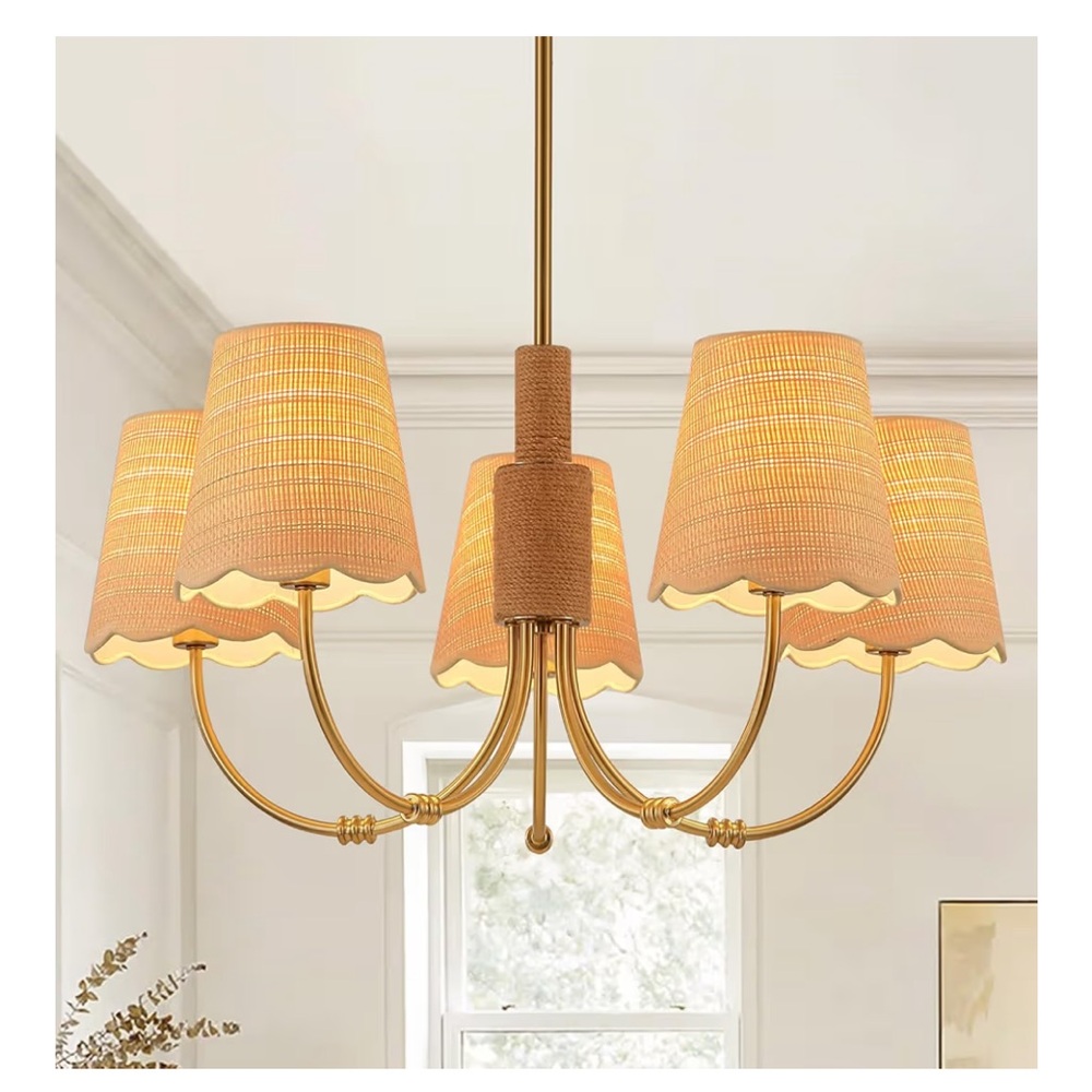 NIB Boho Rattan Chandelier Fabric Shade Antique Gold Brass 5-Lights Hemp Rope
